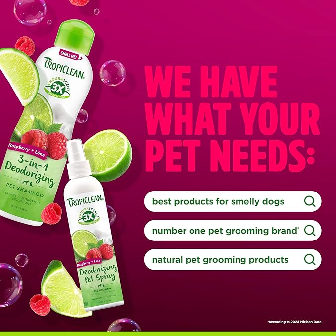 TropiClean Dog Perfume, Long Lasting Raspberry Lime Cologne, Deodorizing Spray for Smelly Dogs, After Bath Detangling Spray, Safe for Cats, 8oz.