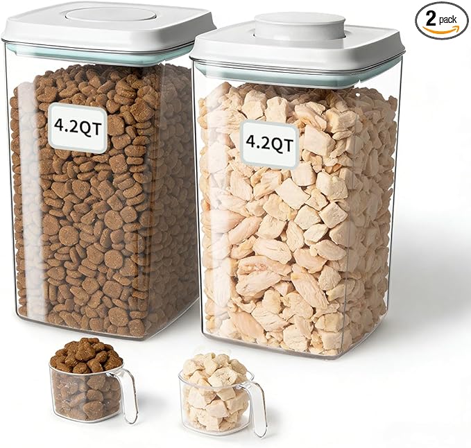 EQI Dog Food Storage Containers Set with One-Touch Lid, (2 × 4.22 QT / 4.0 L) BPA-Free Cat Food Storage Container，Stackable Durable PET with 130ml Scoop, for Kibble & Treats Organization