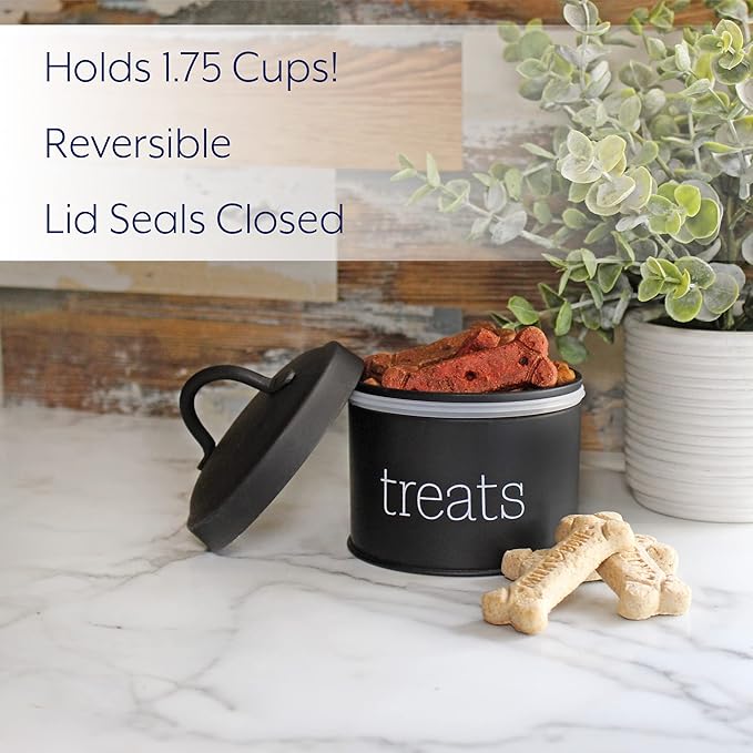 AuldHome Design Enamel Cat Treat Container (Black) Small Retro Modern Farmhouse Pet Treats Jar