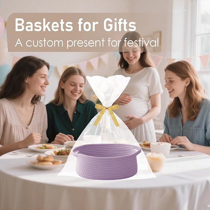 JMvicyroam Woven Basket,Small Rope Storage Bin with Handles & Ribbon Bag, Organizer for Shelves Closets,Gift Basket Empty for Birthday,Books,Dog Toys, Purple