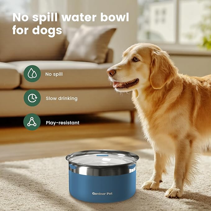 Gardner Pet Dog Bowls 1 Gallon (3.85L) Stainless Steel No Spill Dog Water Bowl, Slow Water Feeder Metal Bowls, Spill Proof Water Dispenser for Large Dogs, Promotes Healthy Hydration(Blue)