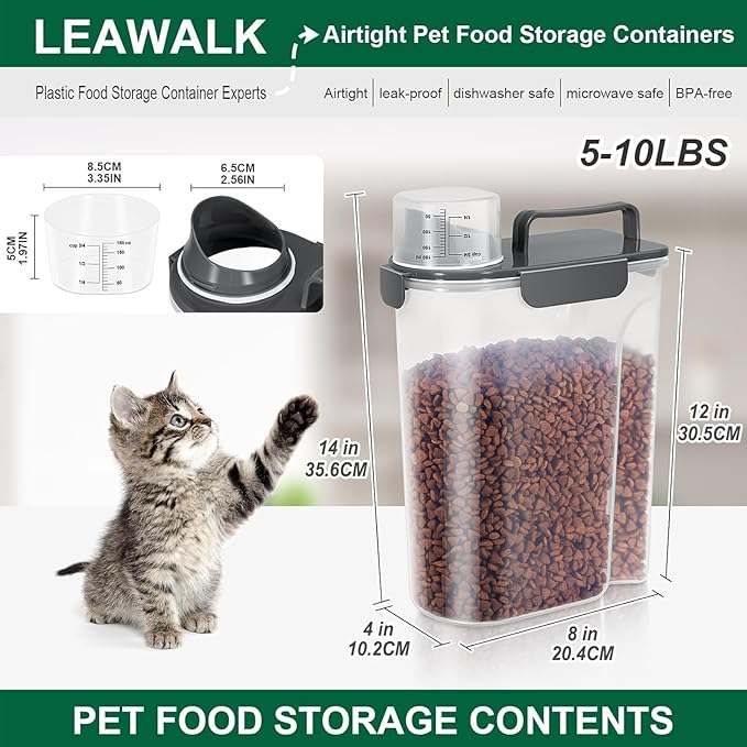 LEAWALK 5-7Lbs Cat Dog Storage Container, Portable Pet Food Containers with Upgraded Large Spout and Cup, Small Animal Kibble Dispenser for Bird Seed, Oatmeal, Rice, Flour (1, Dark Gray, 5L)