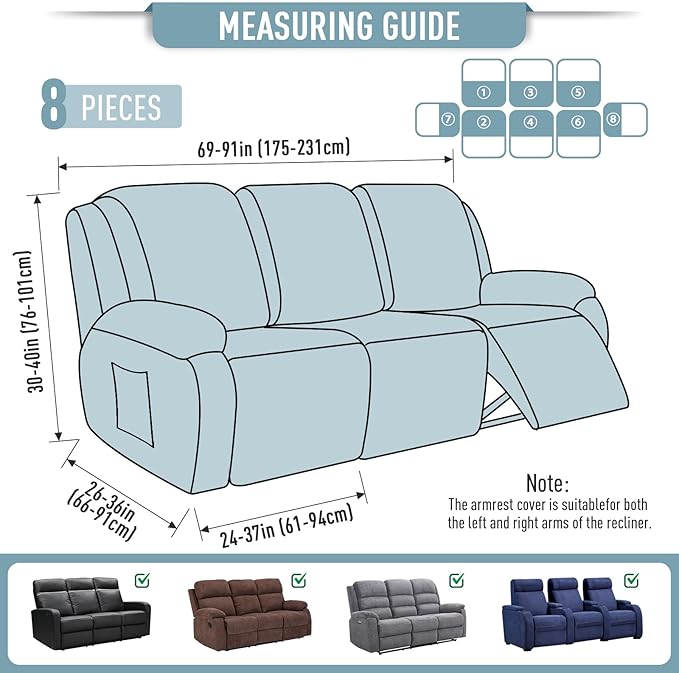 TAOCOCO Recliner Sofa Covers 8-Pieces Stretch Large Couch Covers for 3 Seats Reclining Slipcovers Soft Jacquard Pattern Furniture Protector (Dusty Blue)