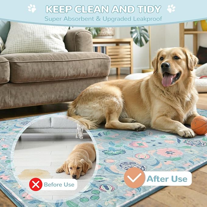 Lahome Washable Reusable Pee Pads for Dogs - Blue Botanical Floral 2 Pack Puppy Pads, Super Absorbent & Waterproof Dog Training Mats for Potty & Crate - Leakproof with Non-Slip Backing (36"x36")