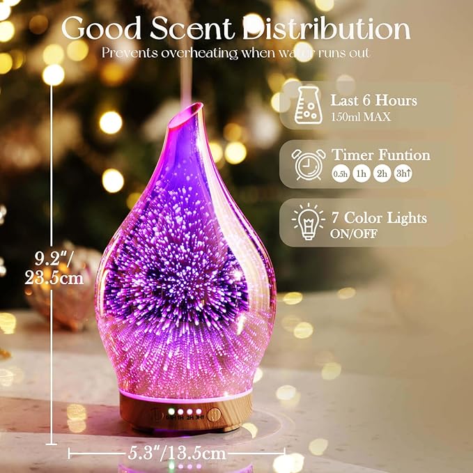 Porseme Essential Oil Diffuser 3D Firework Glass Aromatherapy Ultrasonic Humidifier Rose Gold, Auto Shut-Off, Timer Setting, BPA Free, Aroma Decoration for Home, Office, Gym, Spa, Premium Gift 150ml
