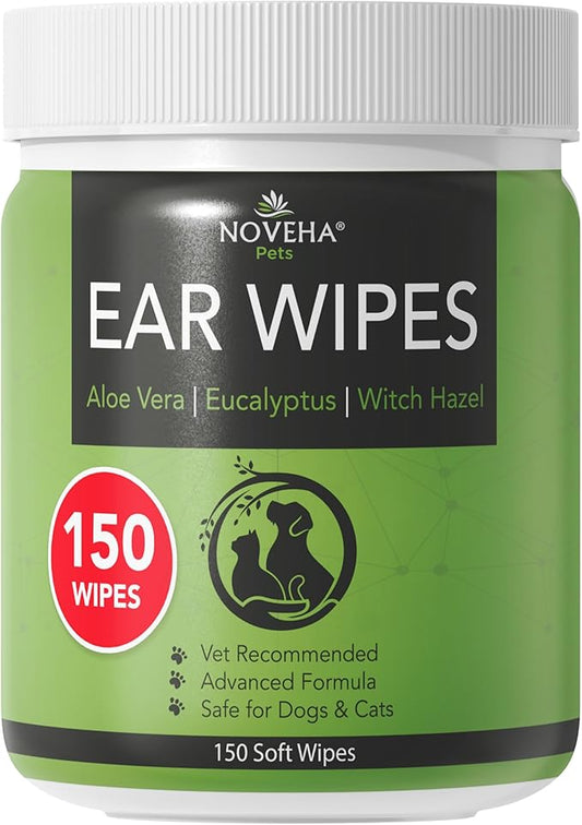 NOVEHA 150PCs Dog Ear Cleaner Wipes, Daily Ear Cleaner for Dogs & Cats - Stop Ear Itching with Aloe, Eucalyptus & Witch Hazel Ear Wipes for Dogs - for Odor Control, Dirt and Wax Removal, Unscented