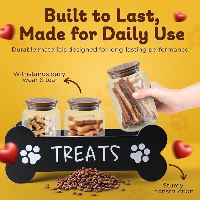 Furry Tails Co Dog Treat Container - Includes 3 Treat Jars, 1 Treat Bag, Wooden Pet Treat Holder, storage Basket, Dog Treat Station, with Reusable Sticker & Marker - Bone Shape
