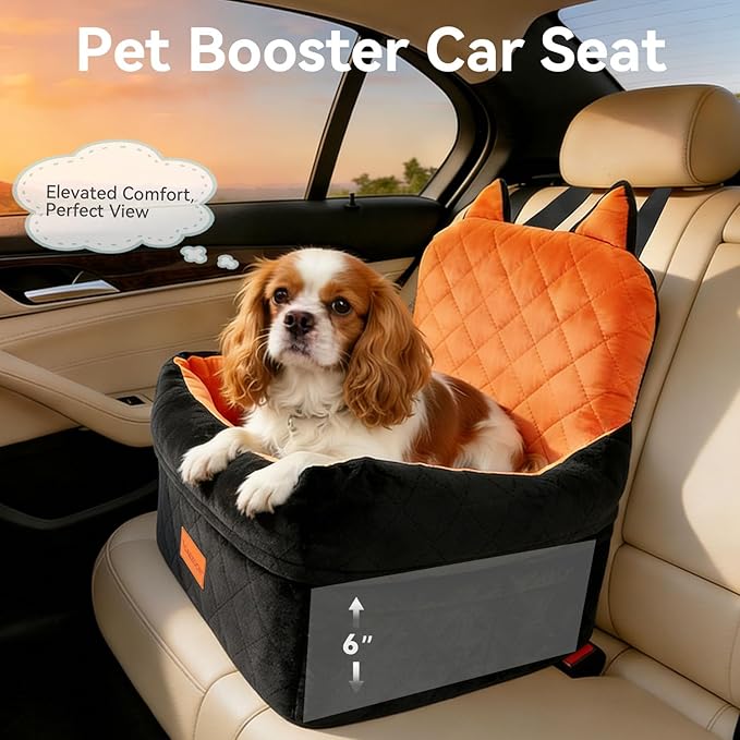 CABZOON Dog Car Seat for Small/Medium Dogs Up to 35lbs,Elevated Cushion Fits in Front/Back Seat,Travel Safety Per Car Bed with Washable Removable Cover, Storage 2 Pockets Black-Orange