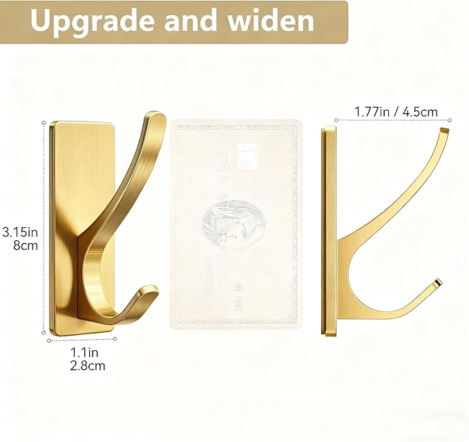 pickpiff Self Adhesive Coat Hooks for Hanging: Heavy Duty Stainless Wall Hook for Towel, Utensil, Backpack, Hat, Sturdy Metal Hanger for Bathroom, Kitchen, Door, 4-Pack, Brushed Gold
