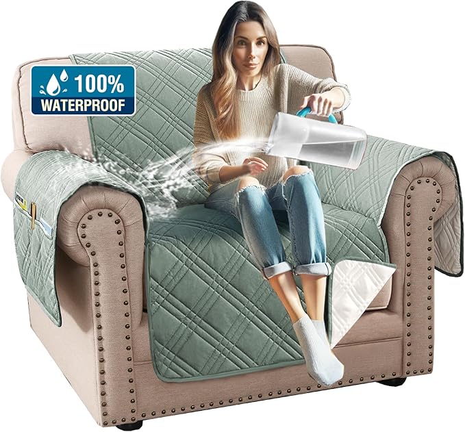 H.VERSAILTEX 100% Waterproof Chair Slipcover Modern Armchair Covers Furniture Protector Cover with Elastic Straps for Pets Kids Children Dog Cat(Chair, Lily Pad/Beige)