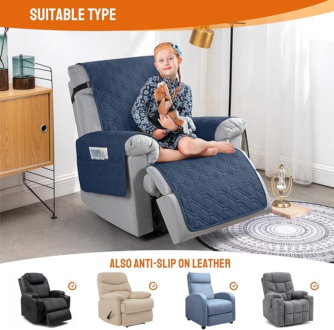 VANSOFY 100% Waterproof Recliner Chair Covers, Recliner Cover Non-Slip Dog Chair Cover Furniture Protector Washable Slipcover with Pocket, Elastic Straps for Pets, Dogs(Navy Blue, 30")