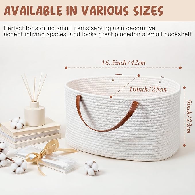Colingmill Valentine's Day Empty Woven Gift Basket with PU Leather Handle and Bag 12" x 8" x 5"Cotton Rope Basket Organizer for Pet Toy Storage Baby Shower Birthday Party Wrapping Gift(16.5*10*9 Inch)
