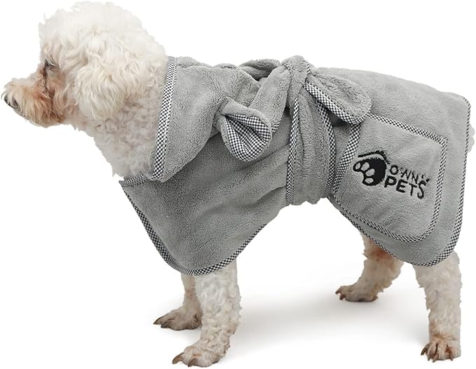 Ownpets Dog Bathrobe Towel, Super Absorbent Soft Dog Drying Coat with Cap & Pocket for Bathing & Beach Trips, Fast Drying & Machine-Washable for Small, Medium & Large Dogs (XS)