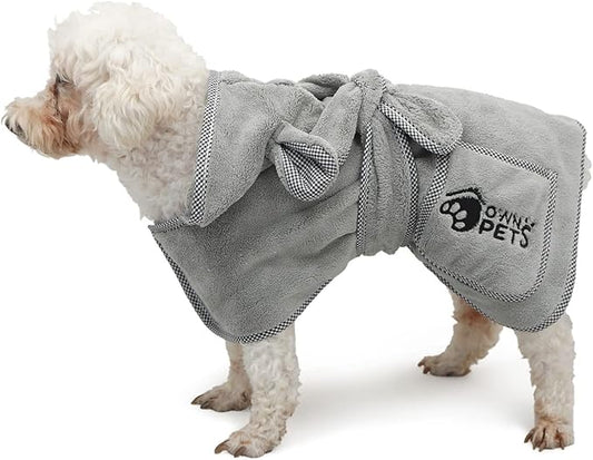 Ownpets Dog Bathrobe Towel, Super Absorbent Soft Dog Drying Coat with Cap & Pocket for Bathing & Beach Trips, Fast Drying & Machine-Washable for Small, Medium & Large Dogs (XS)