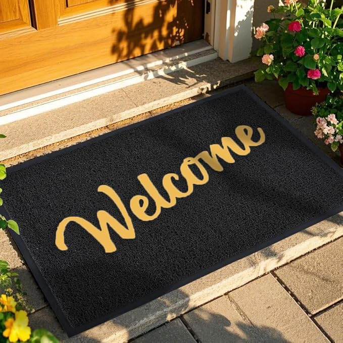 T.HENV Welcome Mat Outdoor Indoor, 32x20, Black-Gold, Non Slip, Waterproof, Quick Dry