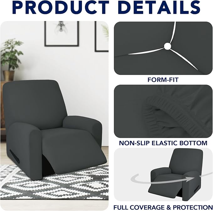 PureFit 100% Dual Waterproof Recliner Cover, Waterproof Couch Cover for Recliner - Stretch Non Slip Fleece Sofa Covers Washable, Leakproof Furniture Protector for Kids, Pets, Dog (Recliner, Dark Gray)
