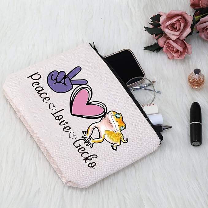 G2TUP Leopard Gecko Lover Gift Peace Love Gecko Makeup Bag Pet Lizard Lover Cosmetic Bag Reptile Gecko Owner Gift Travel Bag with Zipper (Peace Love Gecko White Bag)