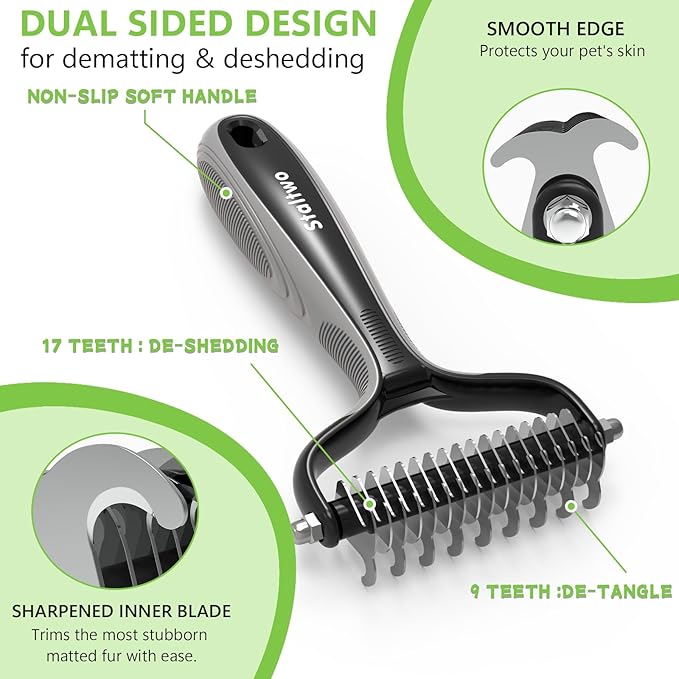 Staltwo Pet Grooming Supplies - 2-in-1 Professional Undercoat Rake and Pet Brush | Shedding Control for Long-Haired Dogs and Cats, Deshedding Tool, Knot Removal,Grey