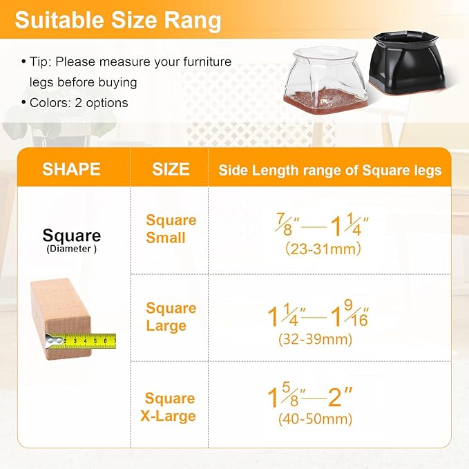 CHUNZEXI 24 Pack Square Chair Leg Floor Protectors for Hardwood Floors, Silicone Felt Covers Pads Caps, Protect Wood Furniture Feet Floors Noise Reduce and Scratch (Square Large & Black)