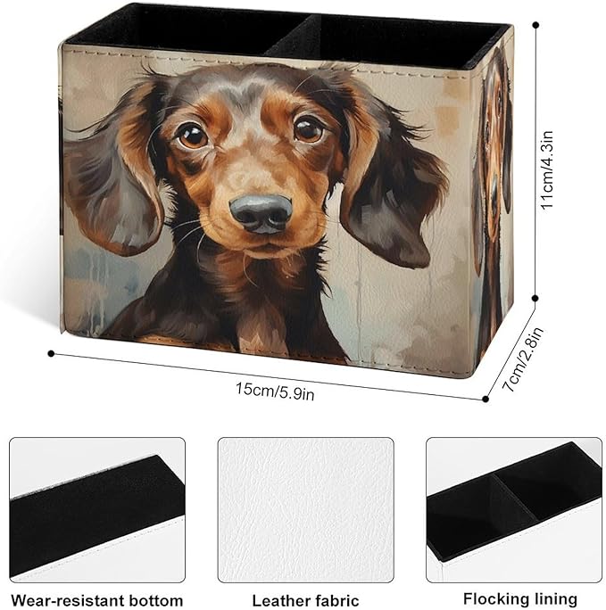 Famame Watercolor Dachshund Dog Pencil Holder for Desk, Leather Desktop Container Pen Cup Storage Study Table Pen Organizer Makeup Brush Holder for Classroom Office Home
