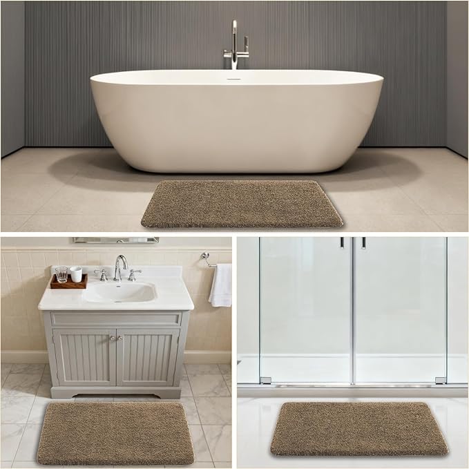 Light Brown Bathroom Rugs 24"x36" - Fluffy Microfiber Bath Mat, Non Slip and Absorbent Bathroom Floor Mat, Machine Washable Plush Rug - Ideal for Tub, Cabinet or Washroom