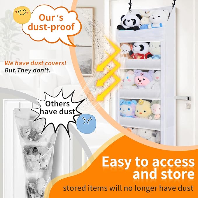 Over the door stuffed animal storage, dust-proof door organizer hanging,【holds up to 70 lbs】Ideal for organizing on doors, such as yarn storage, plush toys, diapers, and other small to medium items.