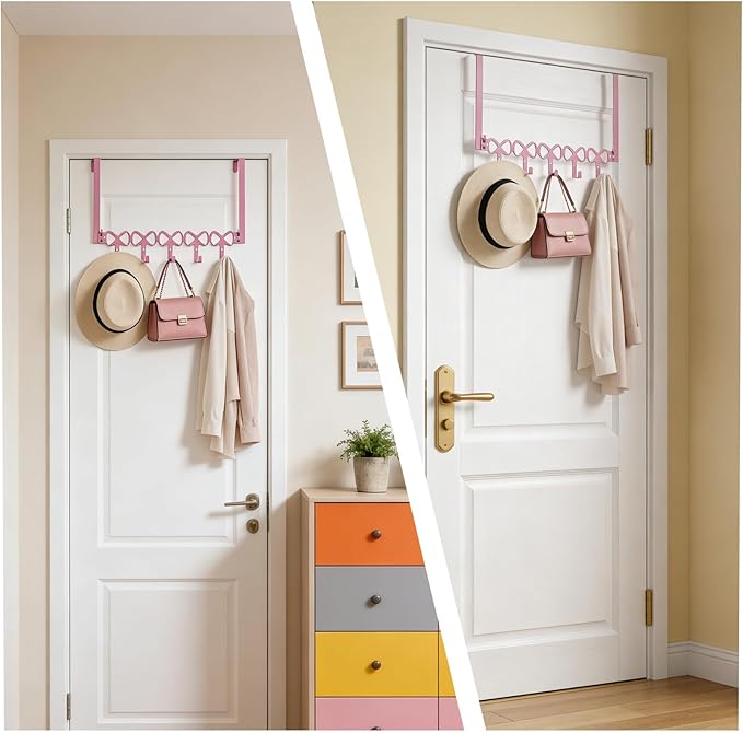 Over The Door Hooks, Bow Room Decor, Pink Bowknot Over The Door Hooks with 5 Hooks, for Bags, Towels, Hats, Keychains, Coats, Home Organizer