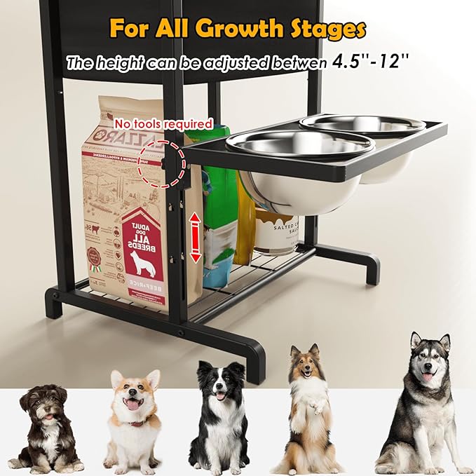 Elevated Dog Bowls, Height Adjustable Raised Dog Bowl Stand (3.5'' to 11''), Multifunctional Lifted Bowl Holder with Pet Food Organizer for Large Medium Small Dogs, Black