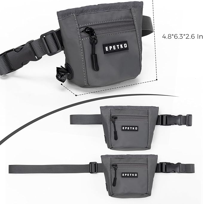 Dog Treat Pouch, Powerful Magnet Closure Device Dog Training Treat Bag Large Capacity Pet Treat Pouch with Poop Bag Dispenser Treat Bag for Dog Training with Metal Waistband Clip (Deep Gray)