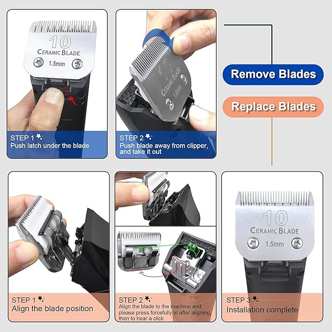 DODAER Size 40/30/15/10/7FC/5FC/4FC/3FC Detachable Pet Dog Grooming Clipper Ceramic Blades Set,Compatible with Andis,Oster A5,Wahl KM10 Series Clippers,Cut Length 1/100"(0.25mm) to 1/2"(13mm),8 Pack