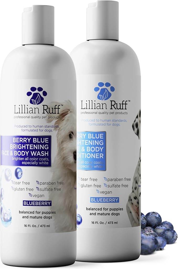 Lillian Ruff PRO Formula Berry Blue Brightening Dog Shampoo & Conditioner Set - Professional Show-Quality Whitening, Stain & Odor Eliminator, Hydrating Relief for Dry Skin, ProVitamin B5, USA Made