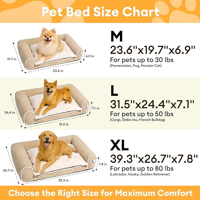 FUNNYFUZZY Orthopedic Dog Bed – Washable Dog Bed with Double Layer Plush Cushion Sofa Style Design with Bolstered Sides for Small Medium and Large Dogs Removable Cover L Size (31.5"x24.4"x7.1") Beige