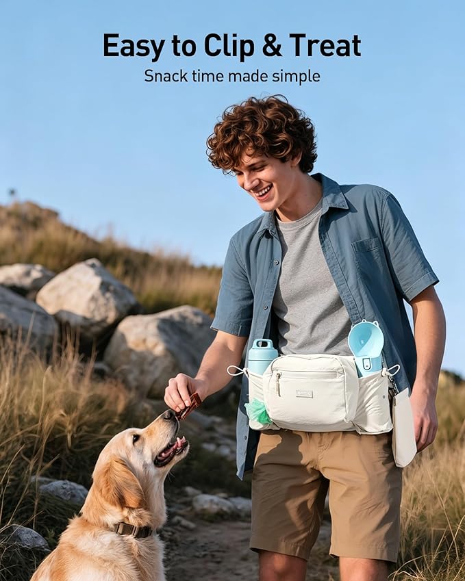 AGPTEK Dog Walking Fanny Pack, Large Capacity Dog Training Treat Pouch, Waist Bag with Removable Snack Pouch, Water Holder, Poop Bag Dispenser, Waterproof Zipper, Adjustable Strap, Beige