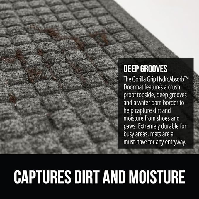 GORILLA GRIP Front Door Mat, 72x24, Indoor Outdoor Ultra Absorbent HydroAbsorb Doormat, Absorbs Up to 2.75 Cups of Water, Stain and Fade Resistant, Rubber Backing Doormats, Captures Dirt, Grey
