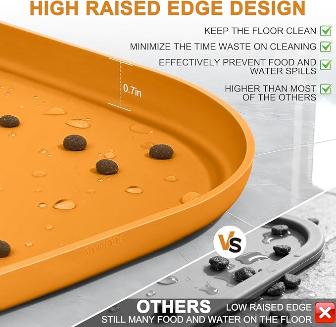 SMILOOL Silicone Pet Feeding Mat with Raised Edge for Food and Water, Dog Bowl Mats, Cat Bowls Placemat with High Lip for Floor Waterproof, Rubber Tray for Cats and Dogs 12 x 12 x 0.7 Orange