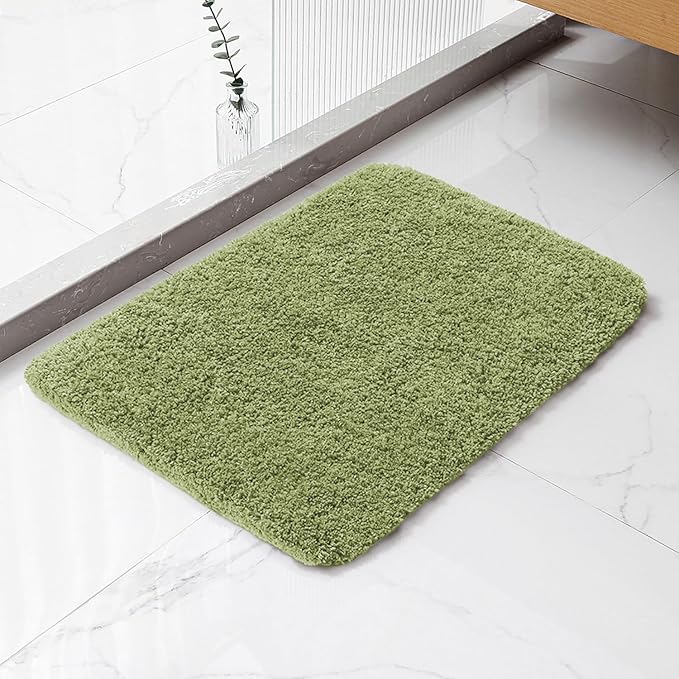 Olive Green Bathroom Rugs 17"x24" - High-Density Microfiber Bath Mat, Fluffy Non Slip Absorbent and Washable Bathroom Mat - Ideal for Small Spaces, Vanity, Toilet, or Pet Mat