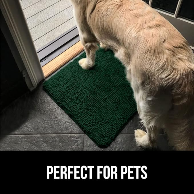 GORILLA GRIP SOAKSTOPPER Dog Door Mat, Machine Washable Rug Absorbent Doormat Captures Moisture Mud Dirt, Quick Dry Soft Chenille Entryway Rugs Indoor Entrance Mats for Dog Paws, 24x17 Deep Green
