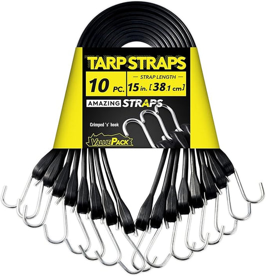 15'' Rubber Bungee Cords Heavy Duty Outdoor with 27" Max Stretch & Over 176 lbs Load, 100% EPDM Black Bungee Straps with Crimped S Hooks for Cargo, Tarps, Truck, Motorcycle, Weatherproof (10 Pack)