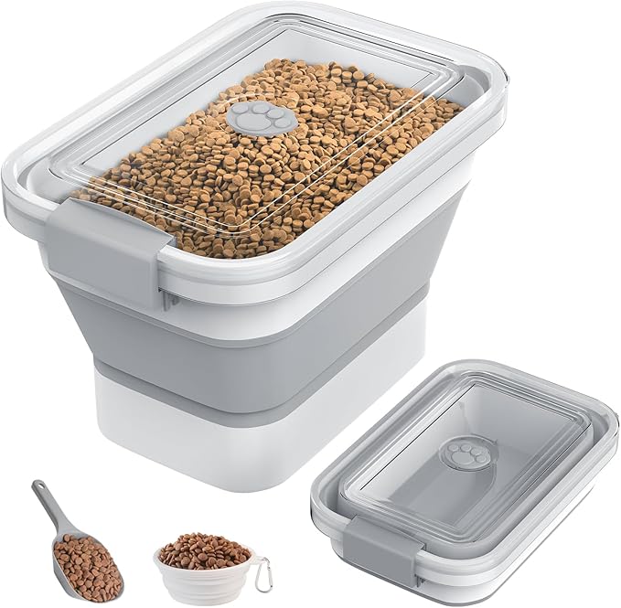 DDMOMMY 10-13 Lbs Dog Food Storage Container,Collapsible Dog Food Container with Transparent Airtight Lid,Pet Food Scoop and Dog Bowl,Multifunctional Food Storage Container for Pet Food,Rice,Flour