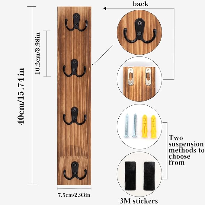 Yohsnor Vertical Key Holder for Wall - Mounted Wooden Key Rack Organizer with Hooks for Home Entryway, Laundry Room & Garage - Perfect Space-Saving Storage Solution for Keys, Wallets & Pet Leashes