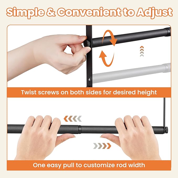 Stepless Extender Closet Hanging Rod - Heavy Duty Closet Rods for Hanging Clothes, Adjustable Width & Height, Space-Saving Matte Black Closet Organizer for Hanging & Drying, Easy to Install