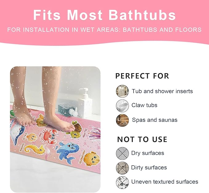 XIYUNTE Baby Bath Mat for Tub Non Slip Kids Bath Mat - 40"x16" Extra Long Bathtub Mat Non Slip Kids, Eco-Friendly Toddler Bath Mats with Suction Cups for Secure Grip, Easy to Clean & Easy Drying
