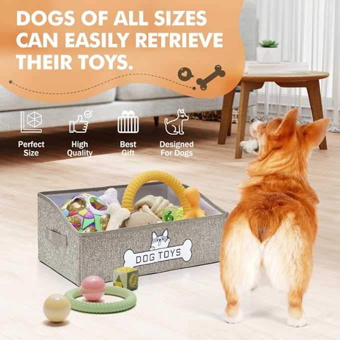 Mutiearo Dog Toy Basket, Collapsible Dog Toy Box with Handle, Perfect for Storing Pet Toys and Accessories (Light Khaki)
