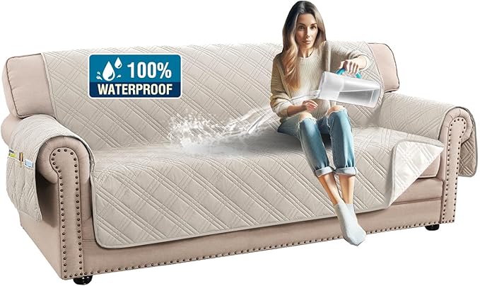 H.VERSAILTEX 100% Waterproof Couch Covers for Pets Modern Slip Covers for Sofas/Couches Thick Soft Couch Slipcover Washable (Sofa, French Oak/Beige)