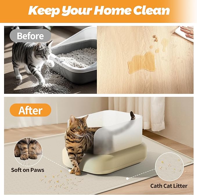 Bartuke Cat Litter Mat, Extra Large 51" x 25.6" Silicone Mat Litter Trapping Mat for Scatter Control, Soft on Kitty Paws, Easy to Clean (Beige)