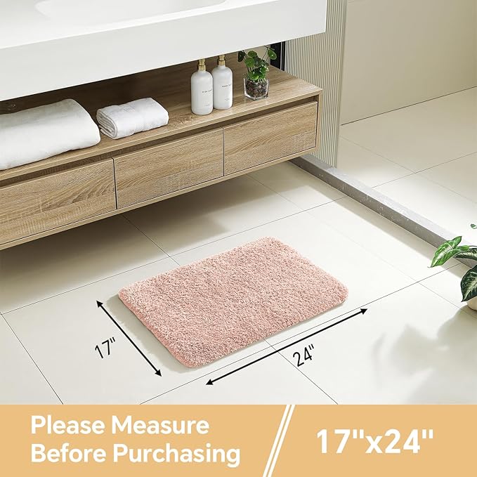 Dusty Pink Bathroom Rugs 17"x24" - High-Density Microfiber Bath Mat, Fluffy Non Slip Absorbent and Washable Bathroom Mat - Ideal for Small Spaces, Vanity, Toilet, or Pet Mat