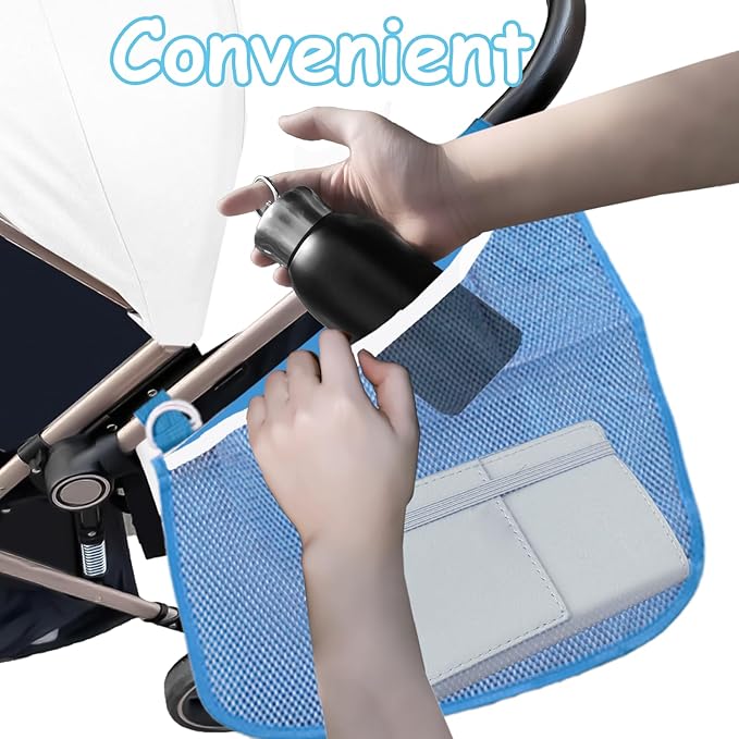 2 Pack Universal Side Sling Stroller Organizer with Mesh Cargo Net,Adjustable and Non-Slip Stroller Storage Bags, Portable Side Sling Stroller Cargo Net for Baby Accessories(Blue)