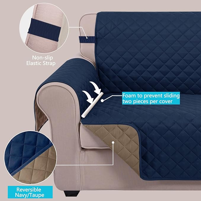 U-NICE HOME Recliner Chair Covers Reversible Chair Cover Pet Covers for Dogs with Elastic Straps Water Resistant Diamond Quilted (23''Armchair, Navy/Taupe)