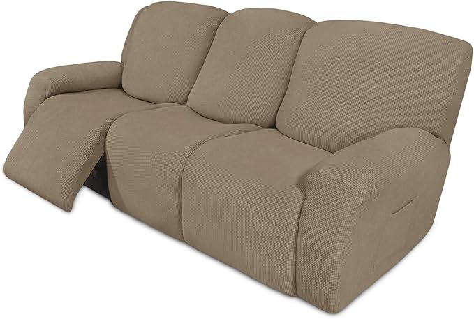 Easy-Going 8 Pieces Recliner Sofa Stretch Sofa Slipcover Sofa Cover Furniture Protector Couch Soft with Elastic Bottom Kids, Spandex Jacquard Fabric Small Checks Natural