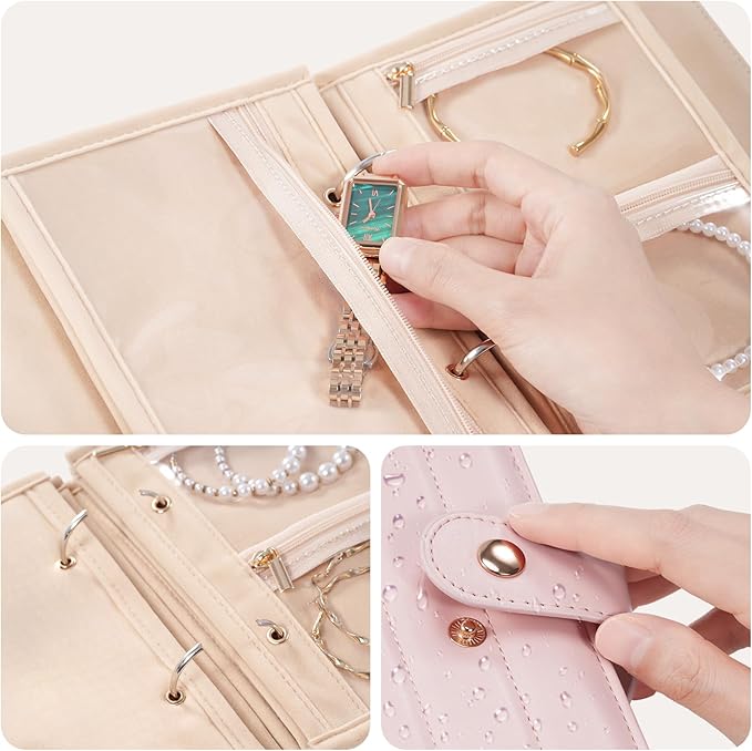Lolalet Travel Jewelry Organizer Case, Portable Jewlery Storage Book Portfolio Binder with Zipper Velvet Pouch and Built-in Mirror for Women -Pink
